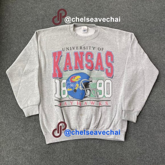Vintage Kansas Jayhawks Football Sweatshirt Retro University of Kansas Shirt Tee - Picture 1 of 2